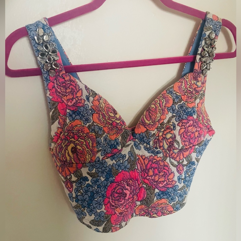 Zara Blue and Pink Denim color Top with Embellishments